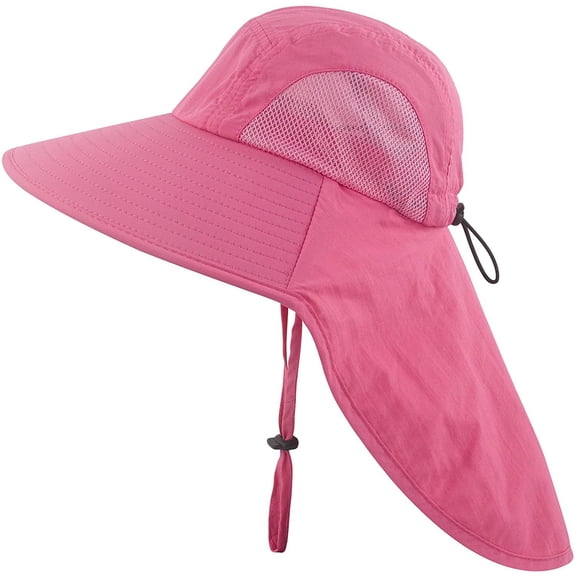 VONTER sun Hat for Girls Boys, Sun Protection with Wide Brim and Neck Flap, Lightweight Breathable Ponytail Hats - Pink