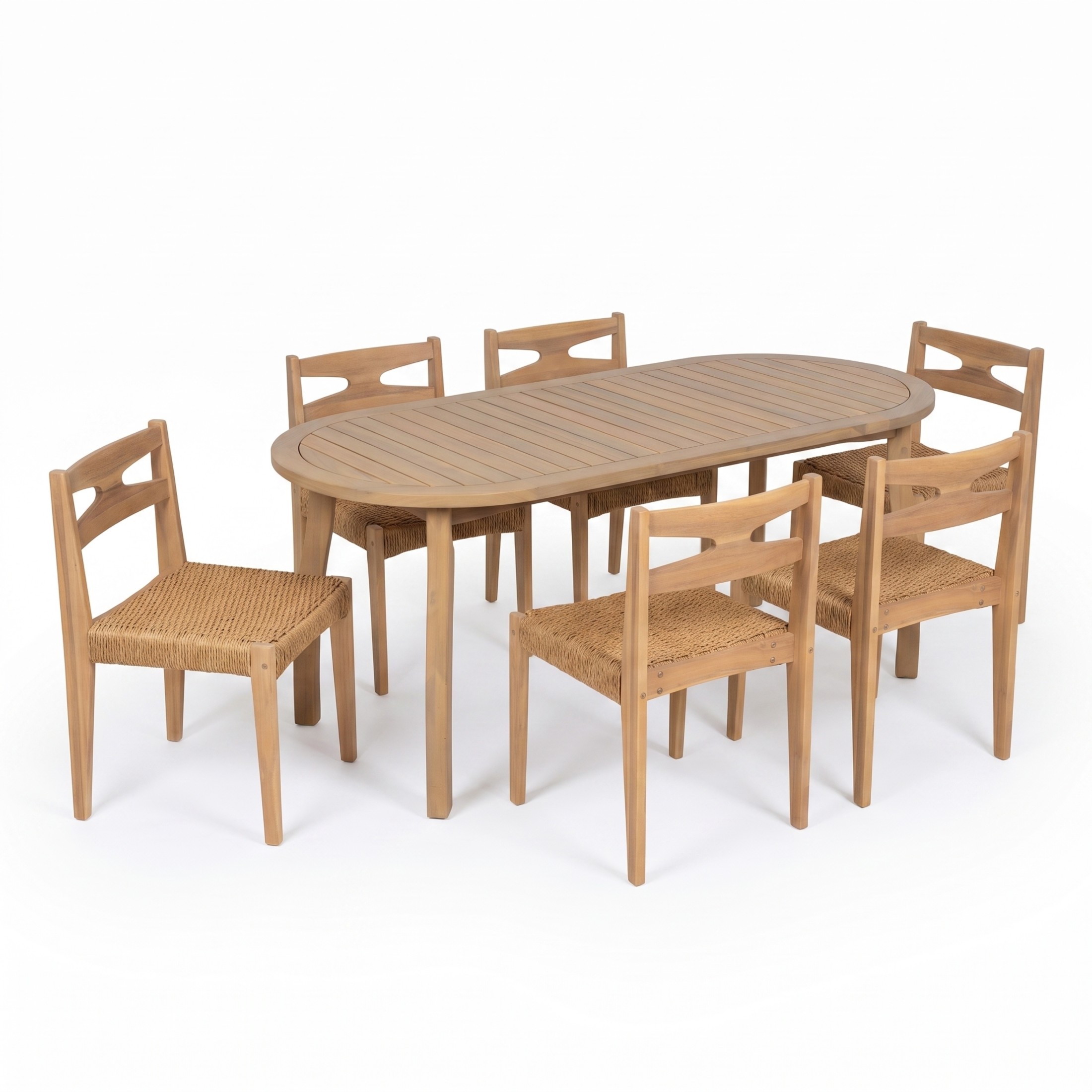 Christopher Knight Home 7-Piece Acacia Wood Outdoor Dining Set, Woven Chairs with Oval Table, Light Teak