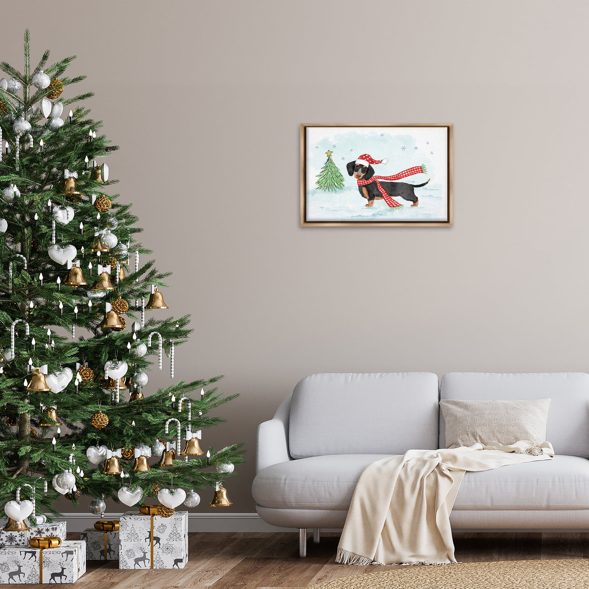 Stupell Industries Dachshund with Scarf Holiday Painting Brown Floater Framed Canvas Art Prints Wall Art, 25 x 17