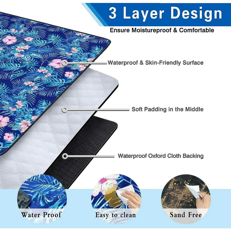 Extra Large Picnic Blankets Waterproof Foldable (60"x 80") Beach Blanket Waterproof Sandproof,3-Layer Thicking Mat Outdoor Packable Camping Blanket