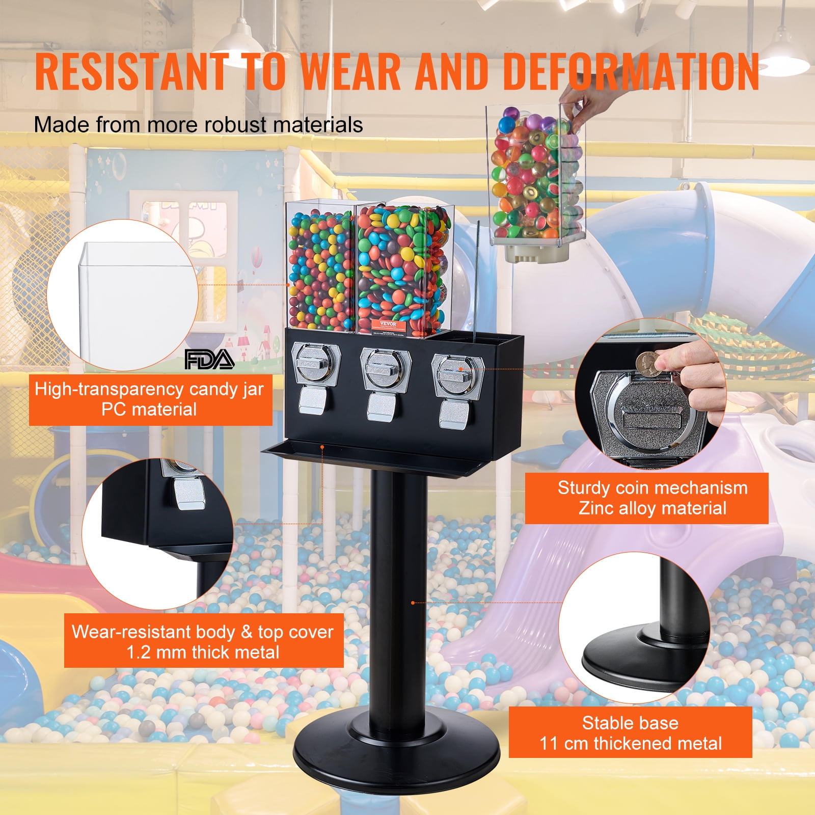 VEVOR Commercial Vending Machine, Triple Compartment Candy Dispenser with Iron Stand, Gumball and Candy Machine for Business,Coin Operated Gumball Bank for Toy Capsules Bouncy Balls Candy Nut,Black