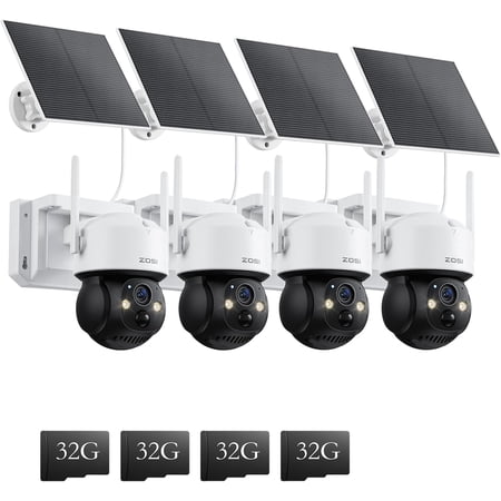 ZOSI C291 4 x 2.5K 4MP Wireless Battery Security Camera Outdoor, Solar Powered Pan/Tilt Camera, 360 View, Human Detect, Auto Track, Color Night Vision, 2-Way Talk, Light Siren Alarm, 32GB Memory Card