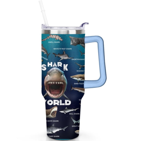 Leak Proof Stainless Steel 40oz Shark Travel Must Haves Tumblers with Lids Straws Vacuum Insulated Shark Tumbler with Handle Flip Straw Lid