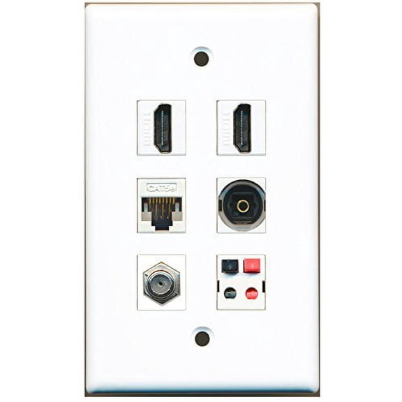 RiteAV - 2 HDMI 1 Port Coax Cable TV- F-Type 1 Port Toslink 1 Port Cat5e Ethernet White 1 Port Speaker Wall Plate