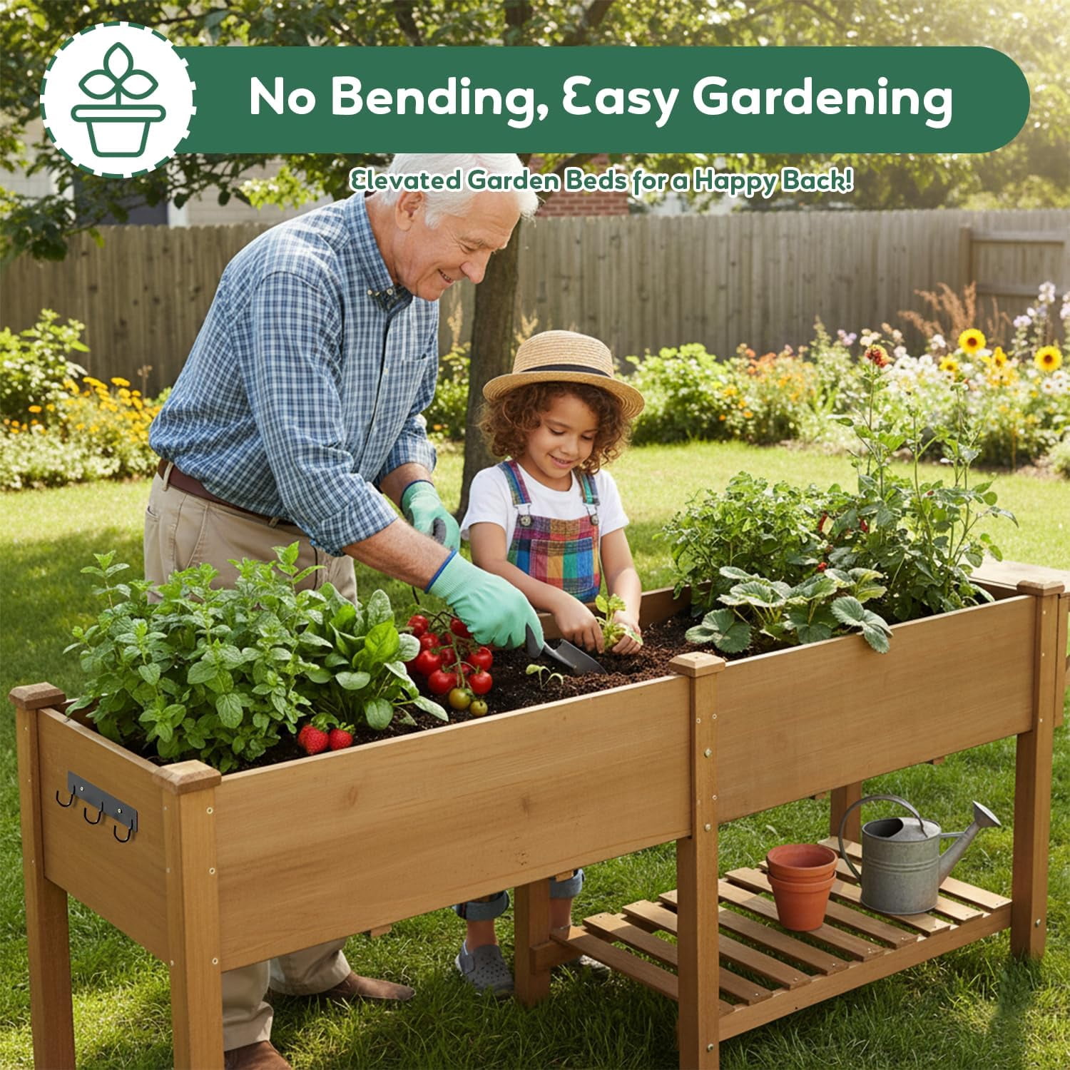 81" Large Raised Garden Bed with Legs, Elevated Planter Box with Liner, Side Table, Storage Shelf & Hanging Hooks for Vegetables & Herbs, Brown