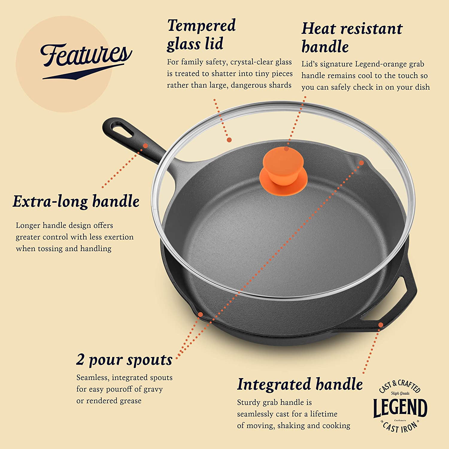 Legend Cookware Cast Iron Skillet with Lid, Large 12” Frying Pan with  Glass Lid & Silicone Handle