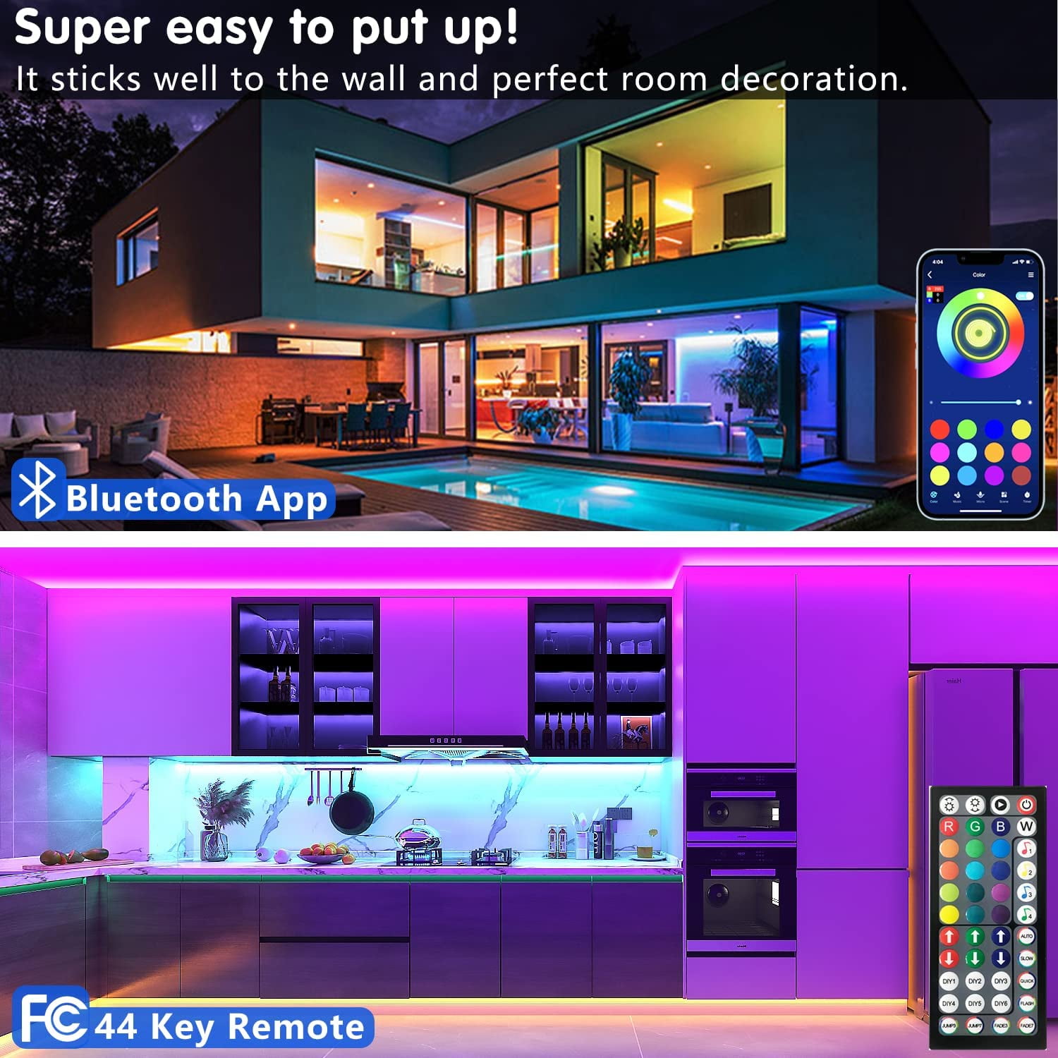 100ft Led Strip Lights (2 Rolls of 50ft) Bluetooth Smart App Music Sync Color Changing RGB Led Light Strip with Remote and Power Adapter,Led Lights for Bedroom Room Home Decor Party Festival