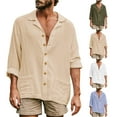 thumbnail image 2 of LZHGirlshop Mens Casual Long Sleeve Cotton Linen Shirts Buttons Down Solid Plain Roll-Up Sleeve Summer Beach Shirts,White,XL, 2 of 6
