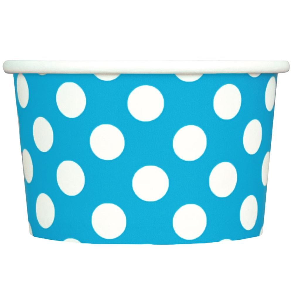 [50 Count] 4 oz Paper Ice Cream Cups Blue Polka Dot Disposable Bowls
