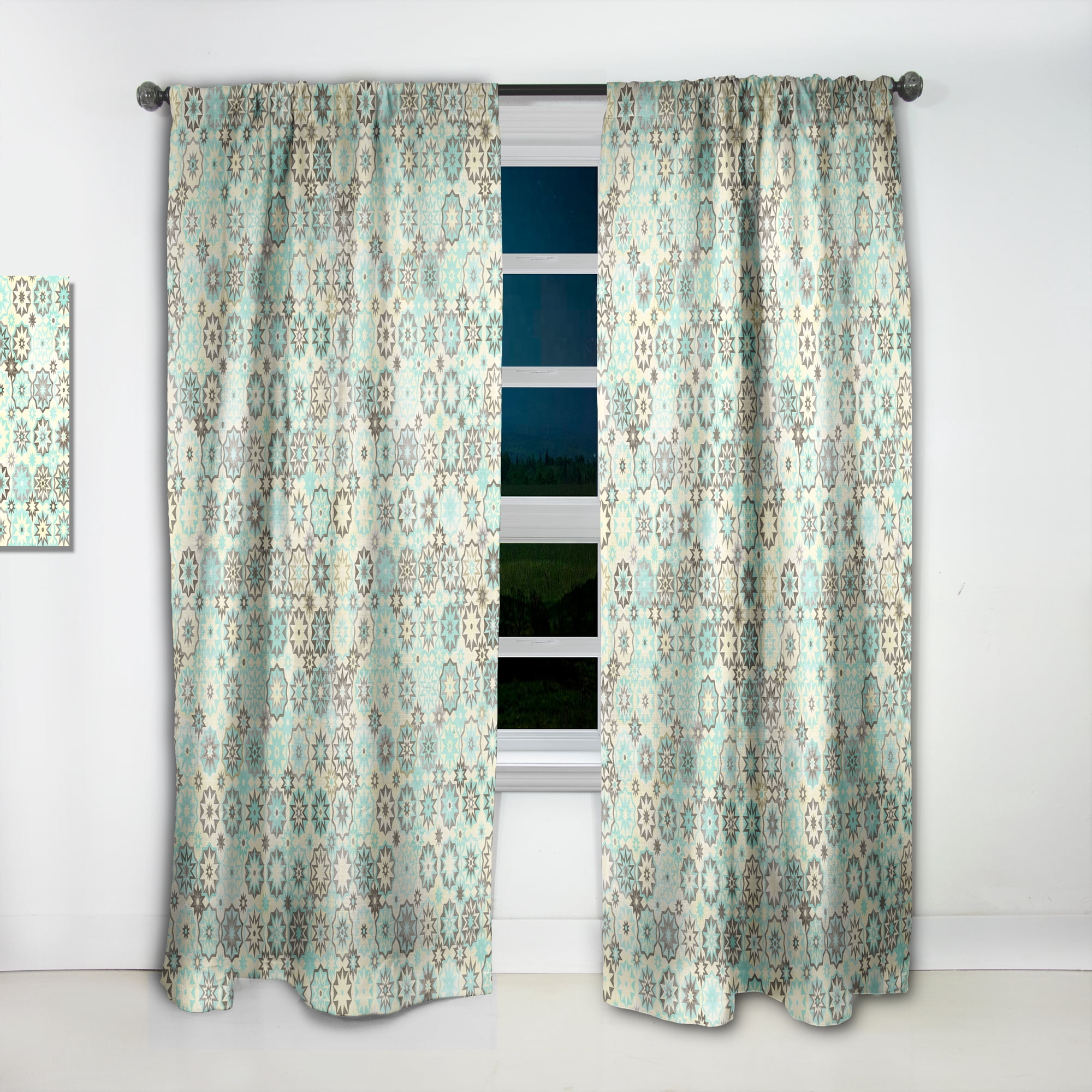 Designart 'Snowflakes Vintage In Yellow and Turquoise' Mid-Century Modern Curtain Panel