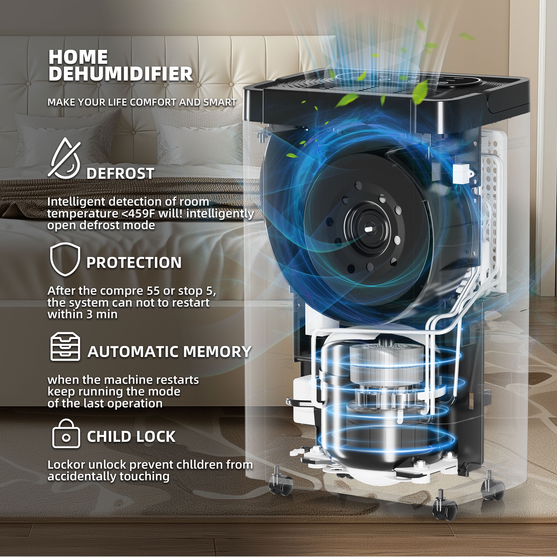 Rocyis Dehumidifier, 70 Pint, Suitable for 4,500 sq. ft. Home, Auto Shut Off, 0.8 gal Capacity, 360-degree RH (19 Pint DOE)