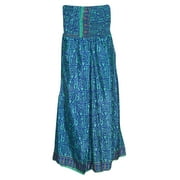 Mogul Women's Vintage Maxi Skirt Blue Silk Sari Swirling Divided Long Skirts