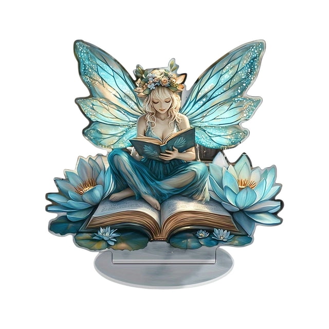 zhangmingg Enchanting Fairy Reading Book Acrylic Statue Inspirational Message Sign Desk Ornament for Home