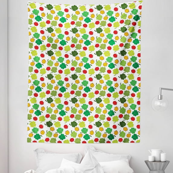 Ladybug Tapestry, Clover Leaves with Ladybugs Floral Celebration Saint Patrick Day Holiday Pattern, Fabric Wall Hanging Decor for Bedroom Living Room Dorm, 5 Sizes, Multicolor, by Ambesonne