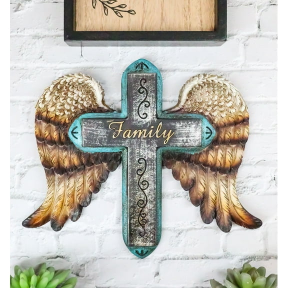 Rustic Western Scroll Art Angel Winged Family Distressed Faux Wood Wall Cross