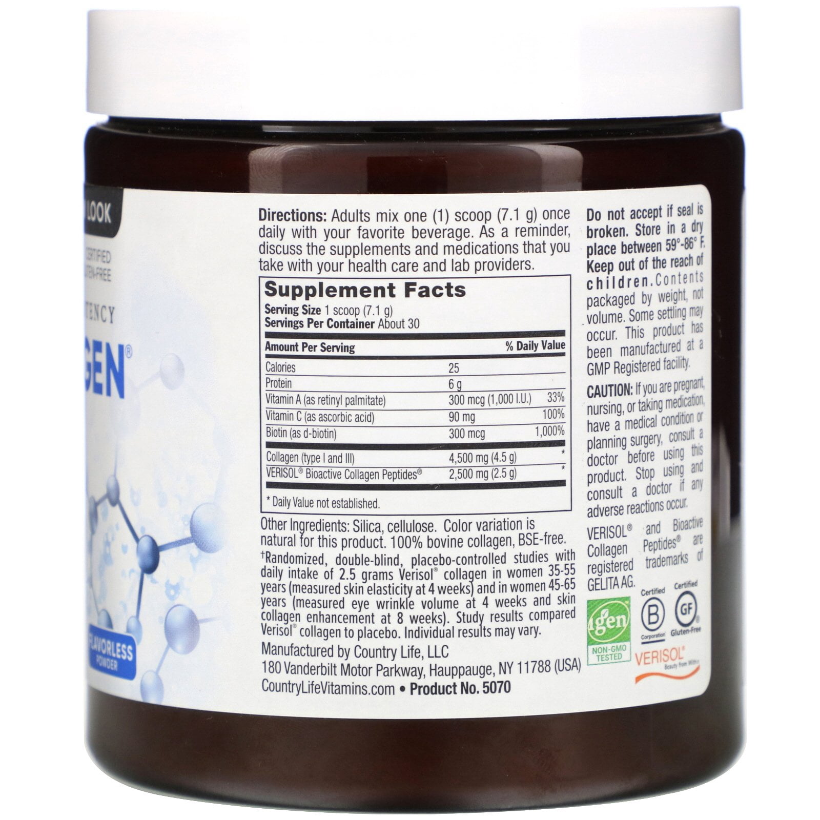 Country Life Maxi-Collagen 7000 Powder - Verisol Bioactive Collagen Peptides, Vitamin C, A & Biotin, 4,500 mg Types I & III Grass-Fed Collagen - Supports Skin, Hair, Nails & Joint Health, 7.5 oz