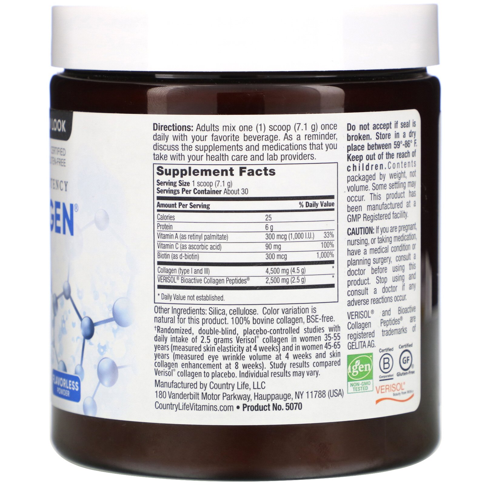 Polvo Maxi-Collagen 7000 Country Life - Péptidos de Colágeno Bioactivos Verisol, Vitamina C, A y Biotina, 4,500 mg de Colágeno Tipos I y III de Pastura - Apoya Salud de Piel, Cabello, Uñas y Articulaciones, 7.5 oz 2
