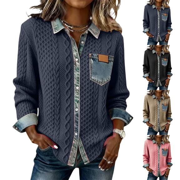 VJGBEGW Women's Chunky Knit Denim Patchwork Sweatshirt Long Sleeve Button-Down Shirt with Chest Pocket Casual Fall Winter Tops Dark Gray L