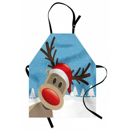 

Christmas Apron Reindeer Rudolph with Red Nose and Santa Claus Hat Snowy Forest Unisex Kitchen Bib Apron with Adjustable Neck for Cooking Baking Gardening Pale Blue Red Pale Brown by Ambesonne