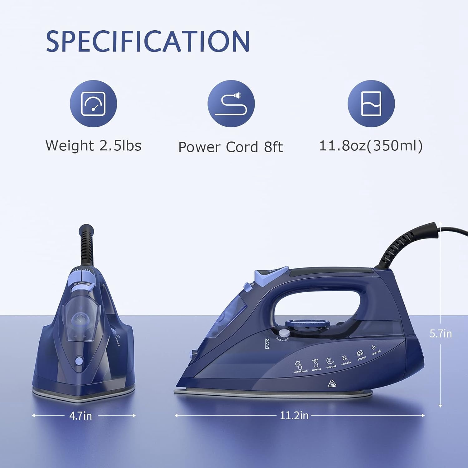 Steam Iron for Clothes with Precision Thermostat Dial, Ceramic Coated Soleplate, 3-Way Auto-Off, Self-Cleaning, Anti-Calcium, Anti-Drip Blue
