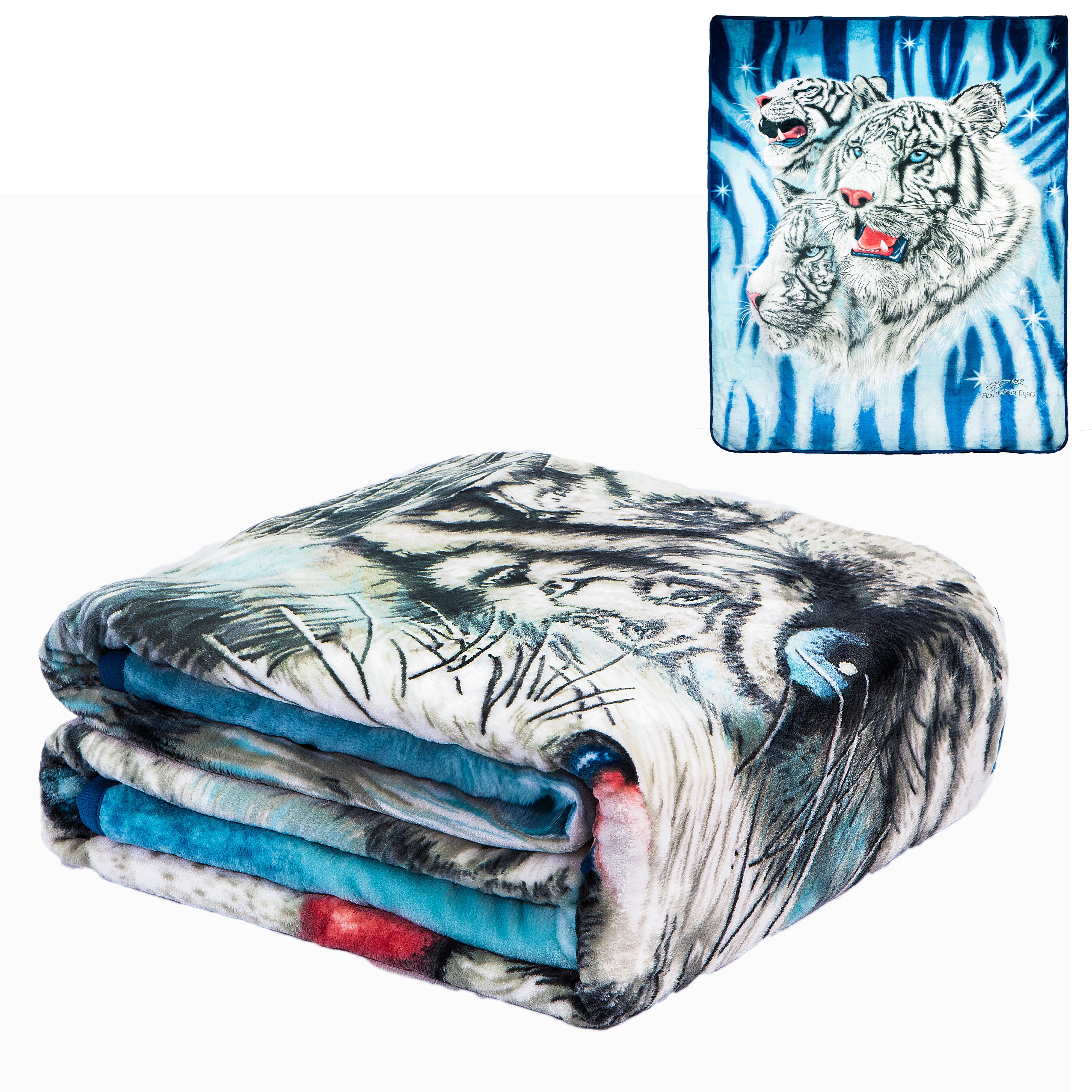 Flannel Fleece Plush Blanket 9 White Tigers QUEEN BED 79""x 95