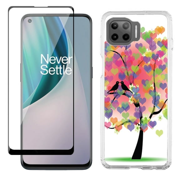 Slim-Fit Protective Phone Case compatible with Motorola Moto One 5G UW, with Tempered Glass Screen Protector, by OneToughShield ® - Color Hearts Tree