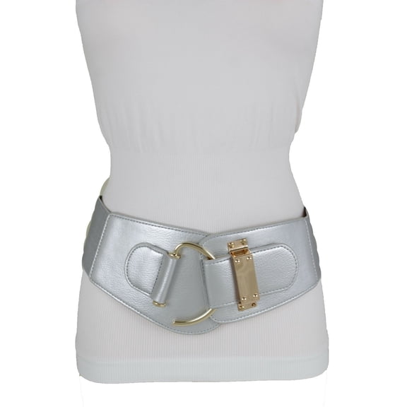 New Women Shiny Silver Faux Leather Elastic Band Belt Gold Hook Buckle Size L XL