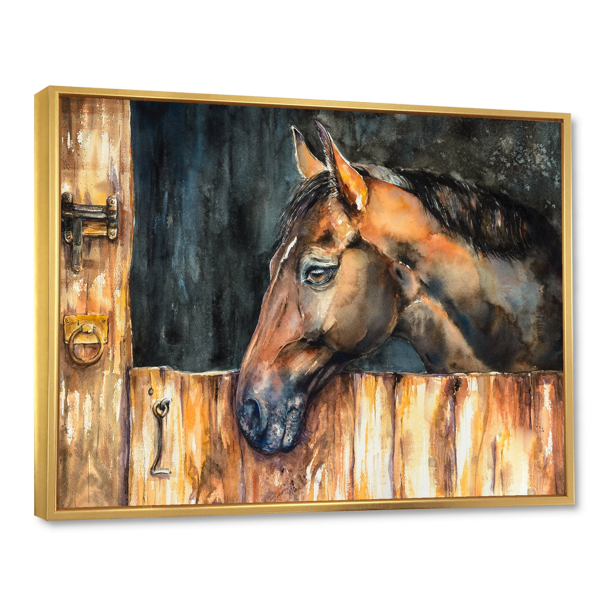 Designart 'Close Up Of The Head of A Horse In Stable' Farmhouse Framed Canvas Wall Art Print