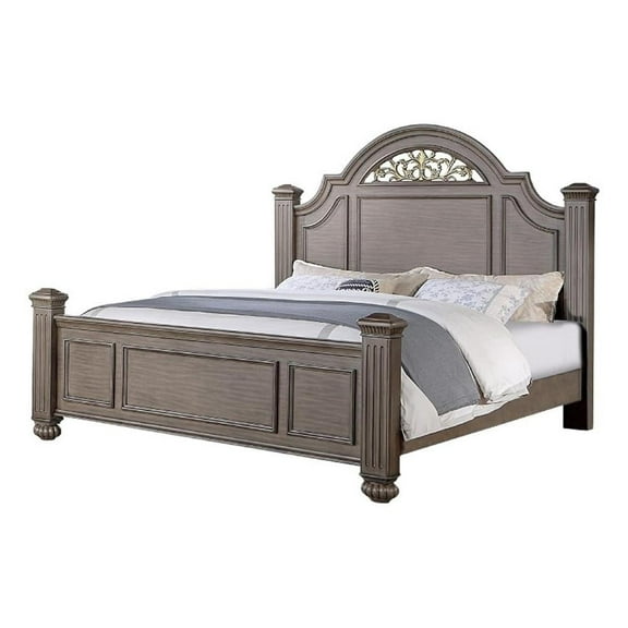 Recus King Bed-Carved Floral Details-Arched Headboard-Gray Wood