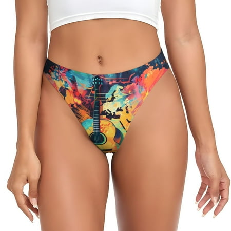 Qokaie World Map Guitar Illustration Printed Women s Cotton Thong Underwear  Sexy Breathable Panties G-string-X-Large
