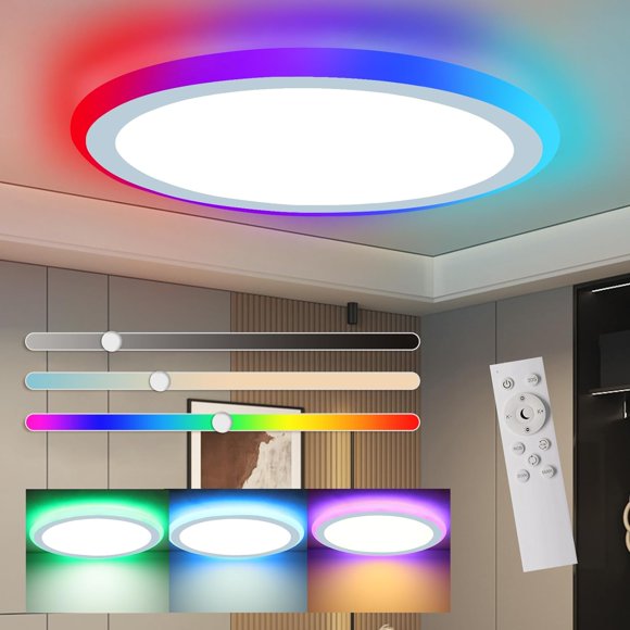 TRAHOO-Flush Mount LED Ceiling Light Dimmable with Remote Control, 13Inch 30W RGB Sidelight Close to Ceiling Light Fixture 3000-6500K, Modern Ultra-thin Round Ceiling Lamp for Bedroom Kids Room Part