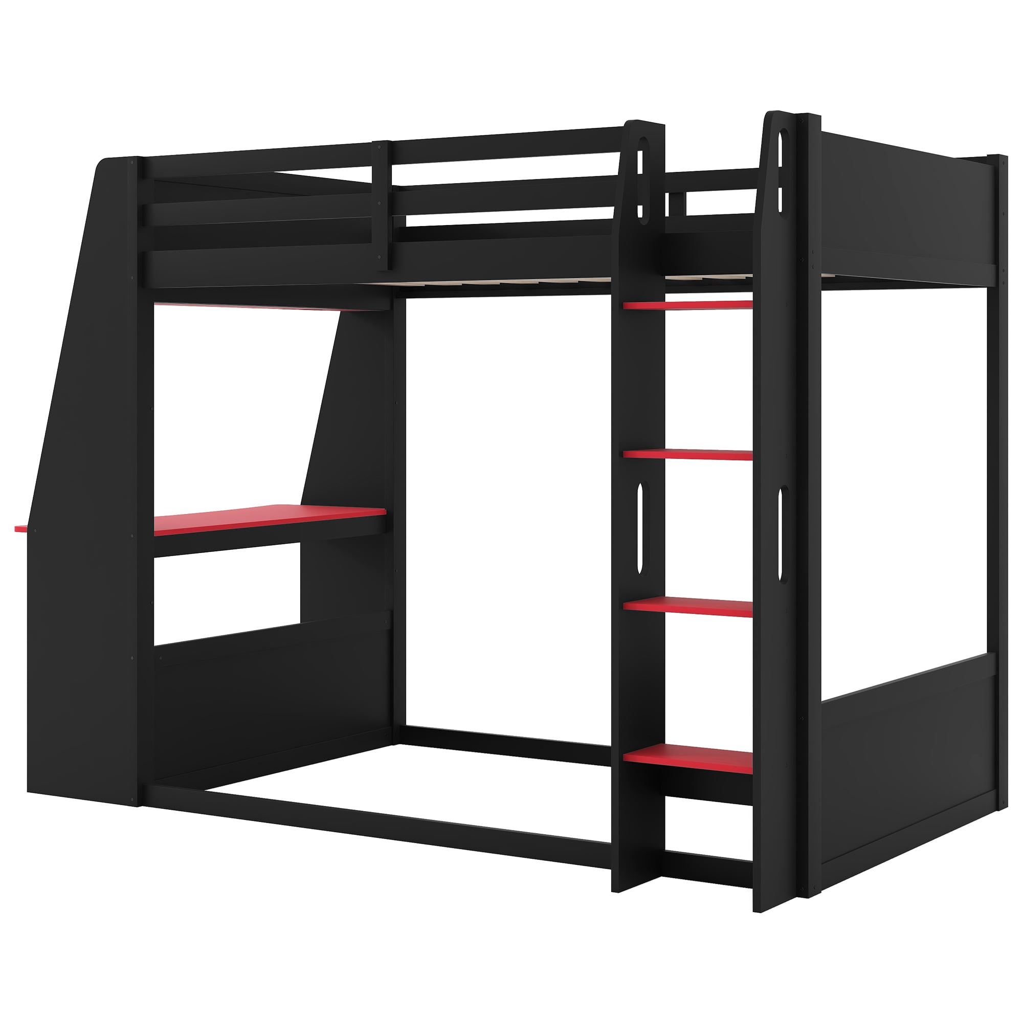 Euroco Wood Twin Size Bunk Bed with Desk and Shelves, Gaming Bed with LED Light and USB Charging, Red