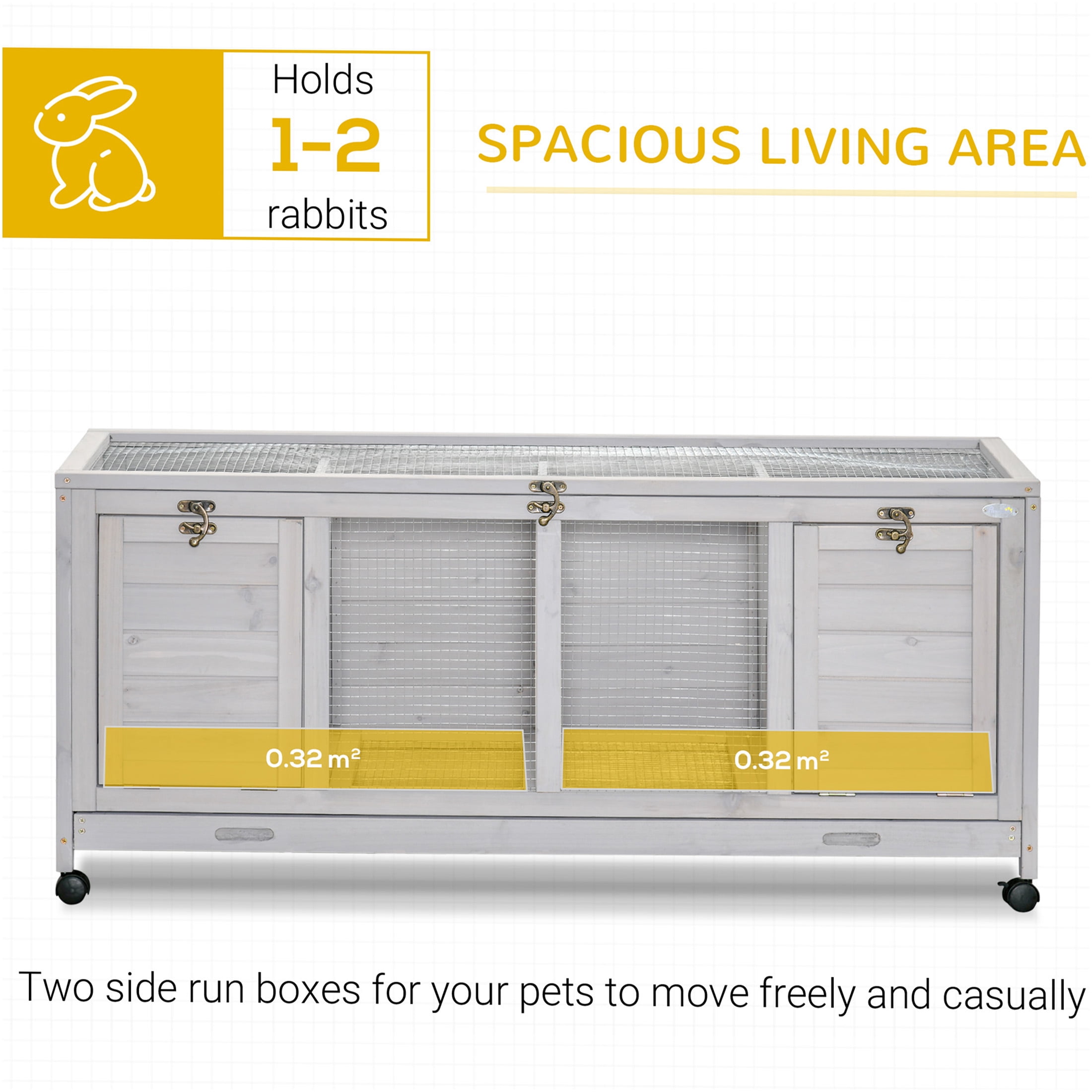 JERFIT 2-Tier Rabbit Hutch with Wheels, Gray Wooden Bunny Cage w/ Openable Roof, Divider Panel & Pull-Out Tray for Indoor/Outdoor Small Pets