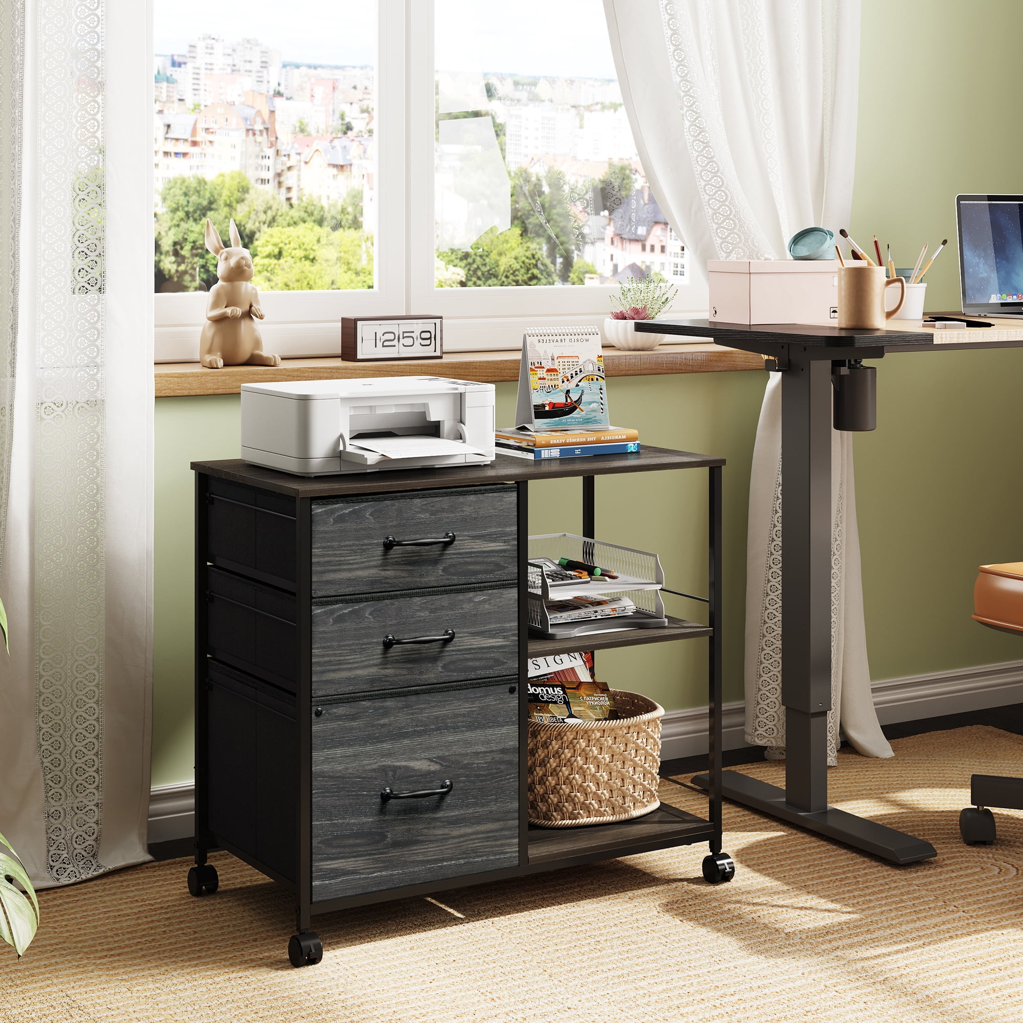 GALAXHERO 3 Drawer File Cabinets, Mobile Printer Stand with Storage Shelf for Home Office/Letter/A4, Charcoal Black