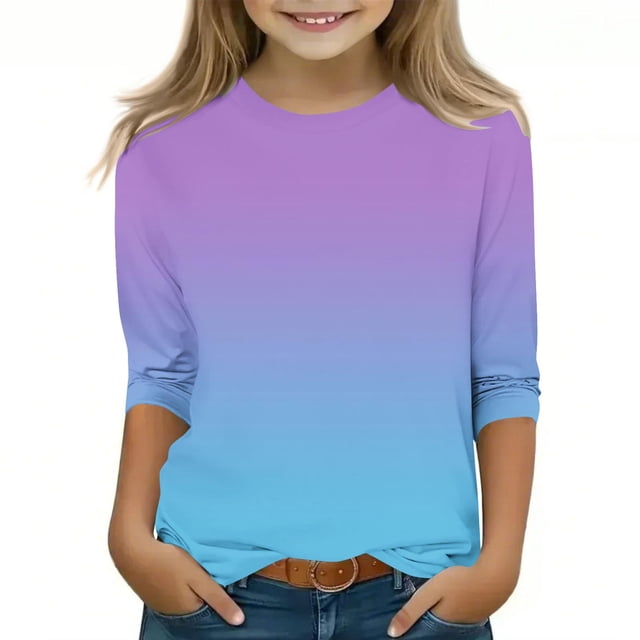 LWFFDAW 3/4 T-Shirts à Manches pour Filles, Décontractés, Col Rond, Graphiques Dégradés Tendance, Confortables, Légers, pour Sortir, pour 3-12 Ans