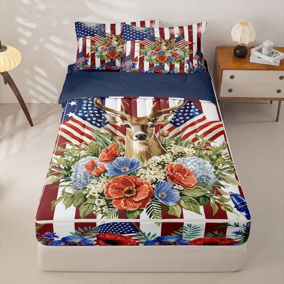 Manfei Watercolor Floral Zipper Twin Comforter Sets with Fitted Sheet and 2 Pillowcases,Classic Buck Head Flag Zipper Bedding Set,Red Navy,Navy Blue Reversible,4pcs