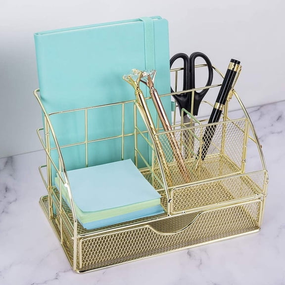 Lloopyting Gold office accessories Gold makeup organizer Gold desk accessories with Drawer Home Desktop Gold Accessories Office for Office Supplies Mesh Housekeeping & Organizers
