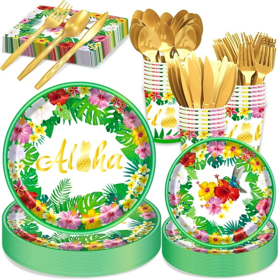 Hawaiian Luau Decorations Supplies, Tropical AFN1Aloha Birthday Plates Summer Beach Holiday Disposable Dinnerware Set With Paper Plates Cup Napkin Plastic Fork Knives Spoon, Serves 24, Green