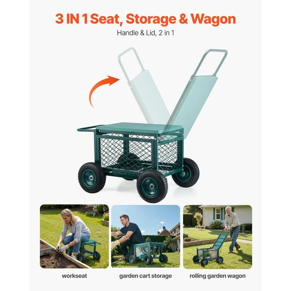 Heavy Duty 400LB Garden Cart with Seat, Wheels & Storage Compartment