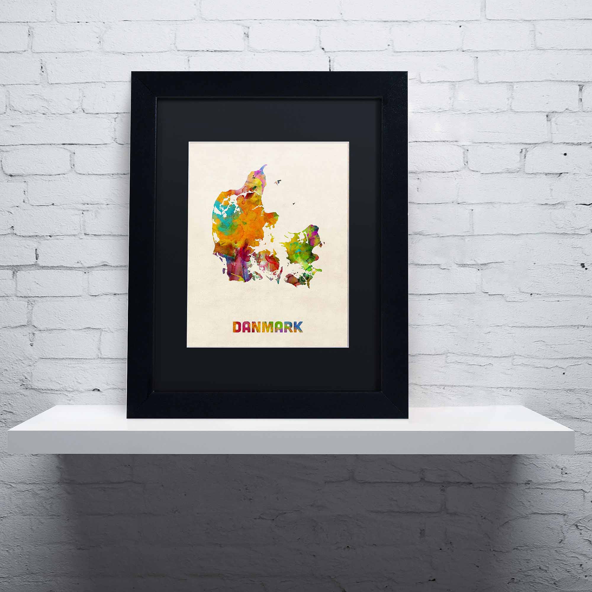 Trademark Fine Art "Denmark Watercolor Map" Canvas Art by Michael Tompsett, Black Matte, Black Frame