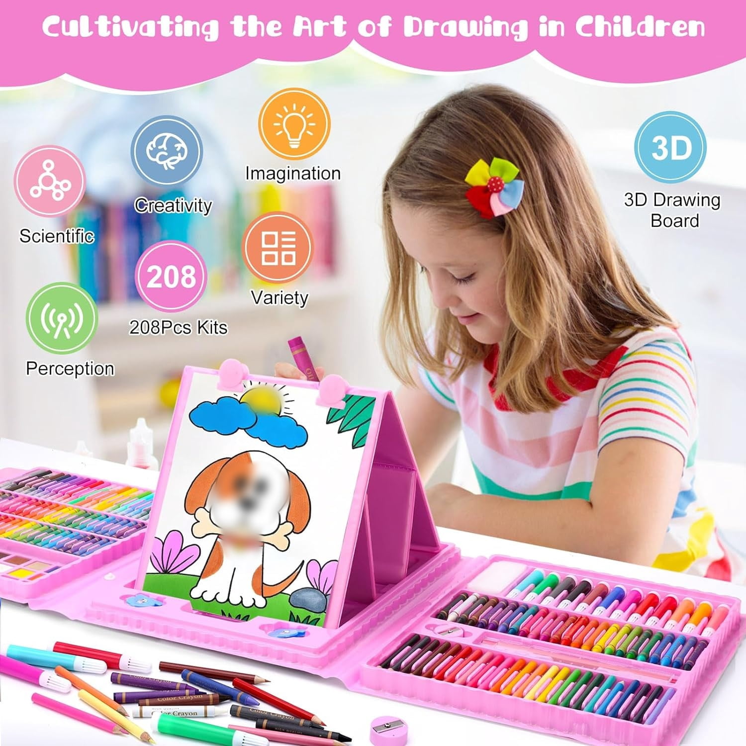 Drawing Art Kit for Kids,Double Sided Trifold Easel Art Set, 208 PCS Art Supplies,Drawing Art Box with Oil Pastels, Crayons, Colored Pencils, Markers, Paint Brush, Watercolor Cakes,Pink