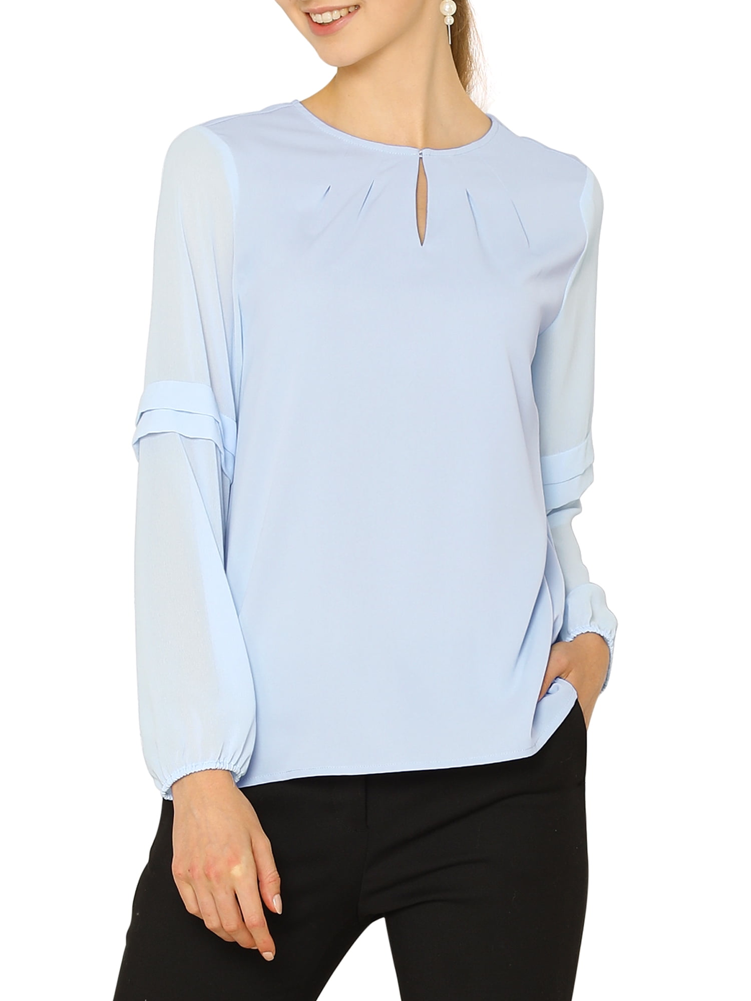 DARING DIVA Chiffon Semi Sheer Long Sleeves Keyhole Neck Blouse XL Light Blue