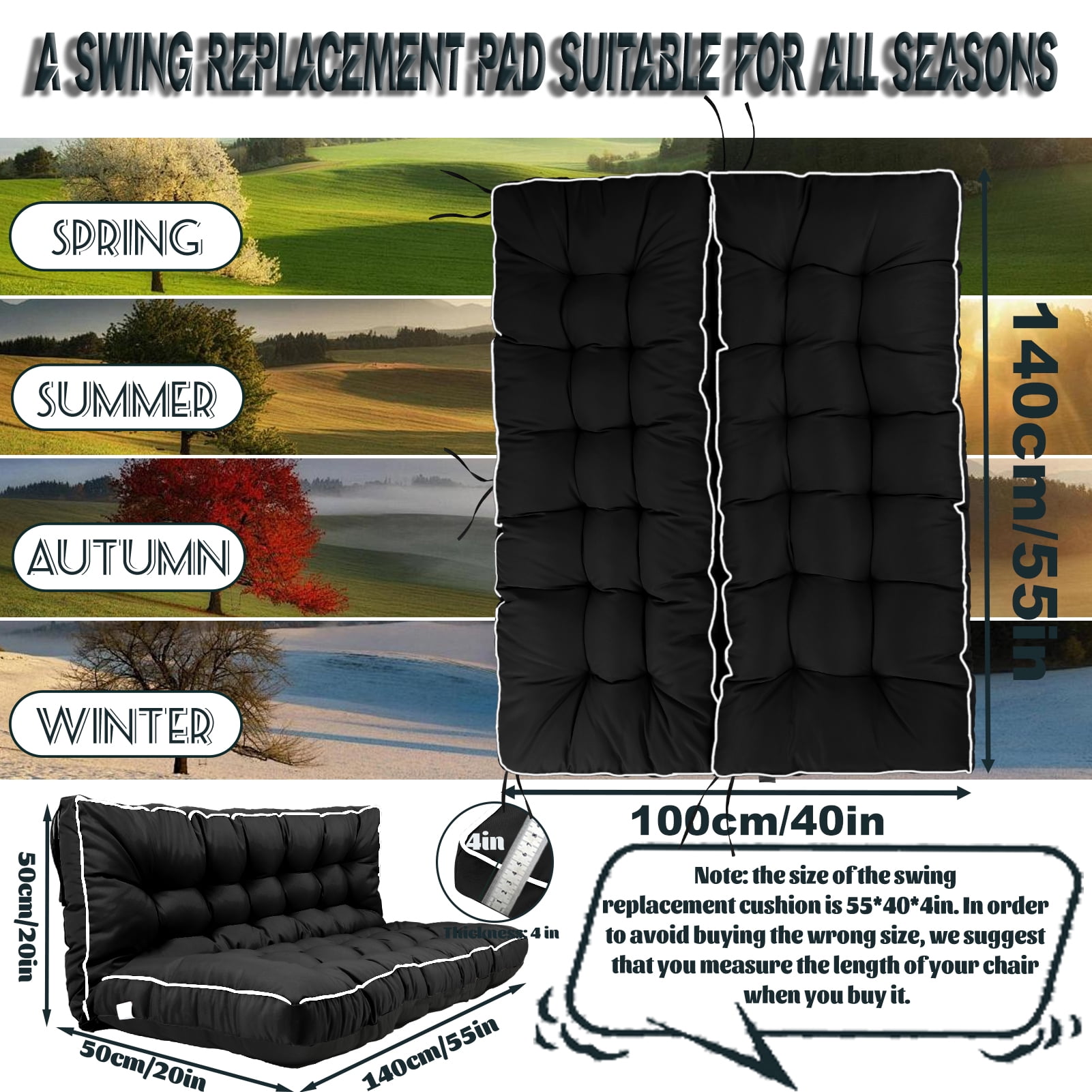 Replacement Cushions for Outdoor Swing, Swing Replacement Cushions Thicken 4" with Backrest, Waterproof Bench Cushions for Patio Furniture Porch Swing Cushions (Black)