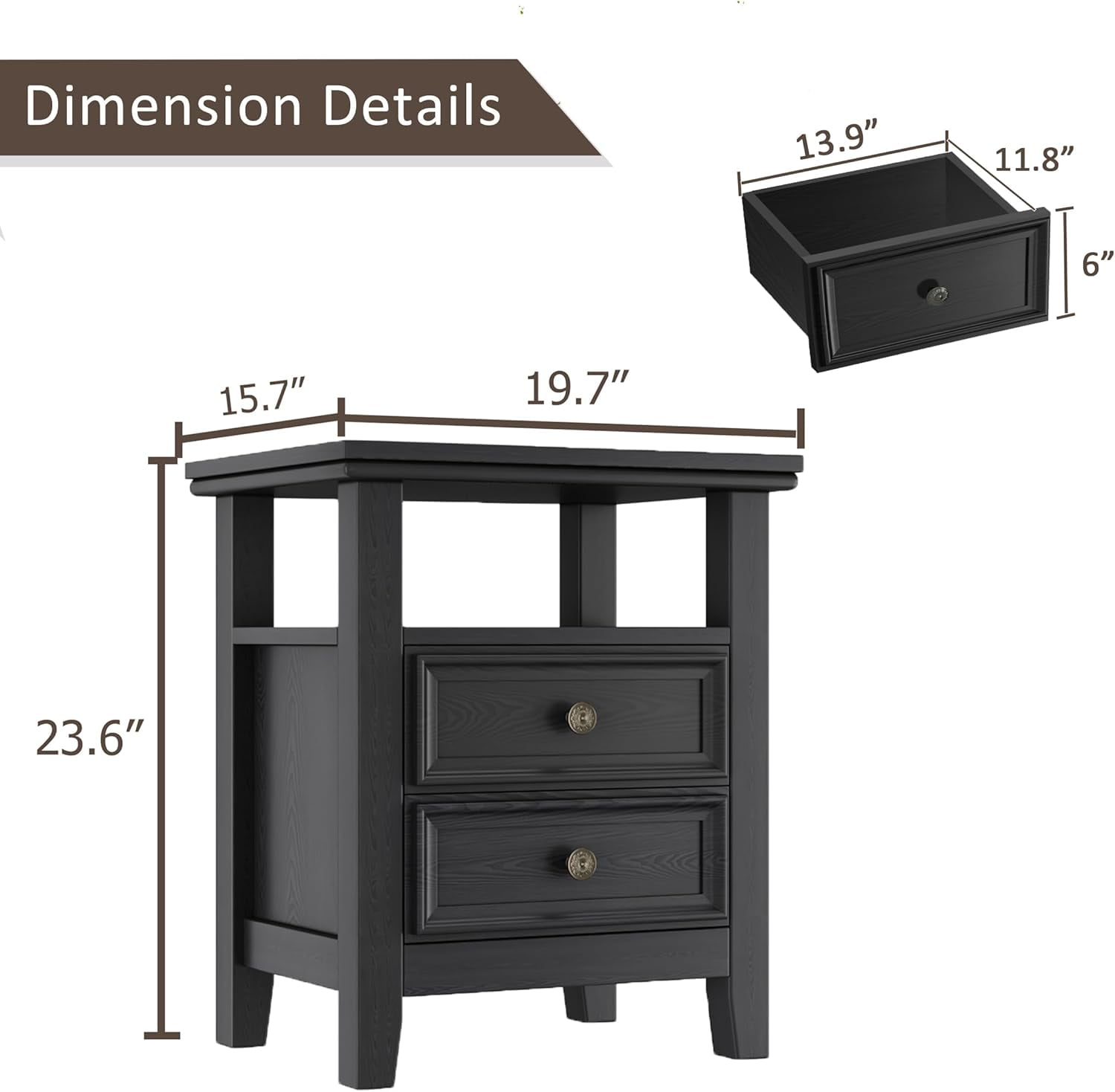 BOSHIRO Black Nightstand with Charging Station, 2-Drawer Modern Bedside End Table with USB Ports & AC Outlets, Night Stand with Open Shelf