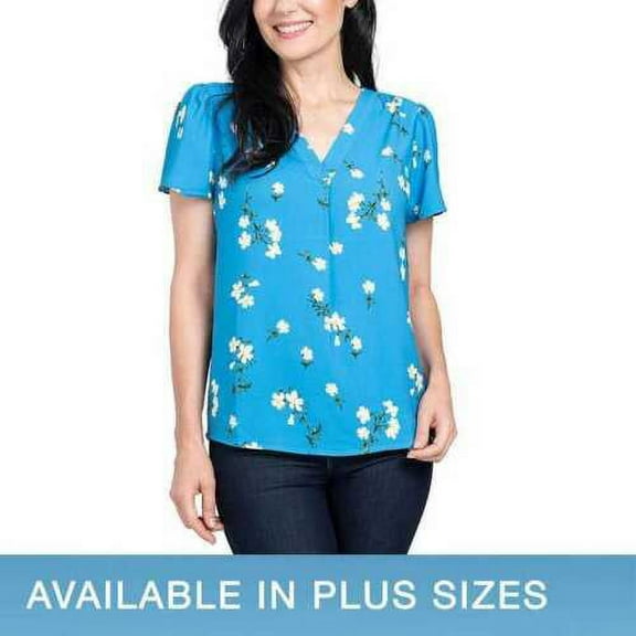 Hilary Radley Ladies' V-neck Printed Blouse (Blue Floral, XS)