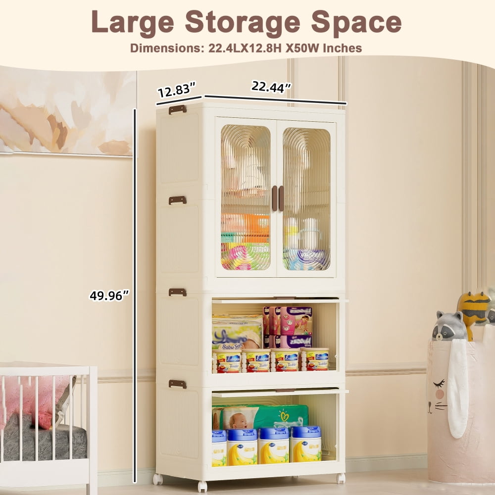 Portable Wardrobe Closet with Magnetic Doors, 4 Cubes & Hanging Rod, Storage Organizer for Clothes, 10 Hangers Included, White
