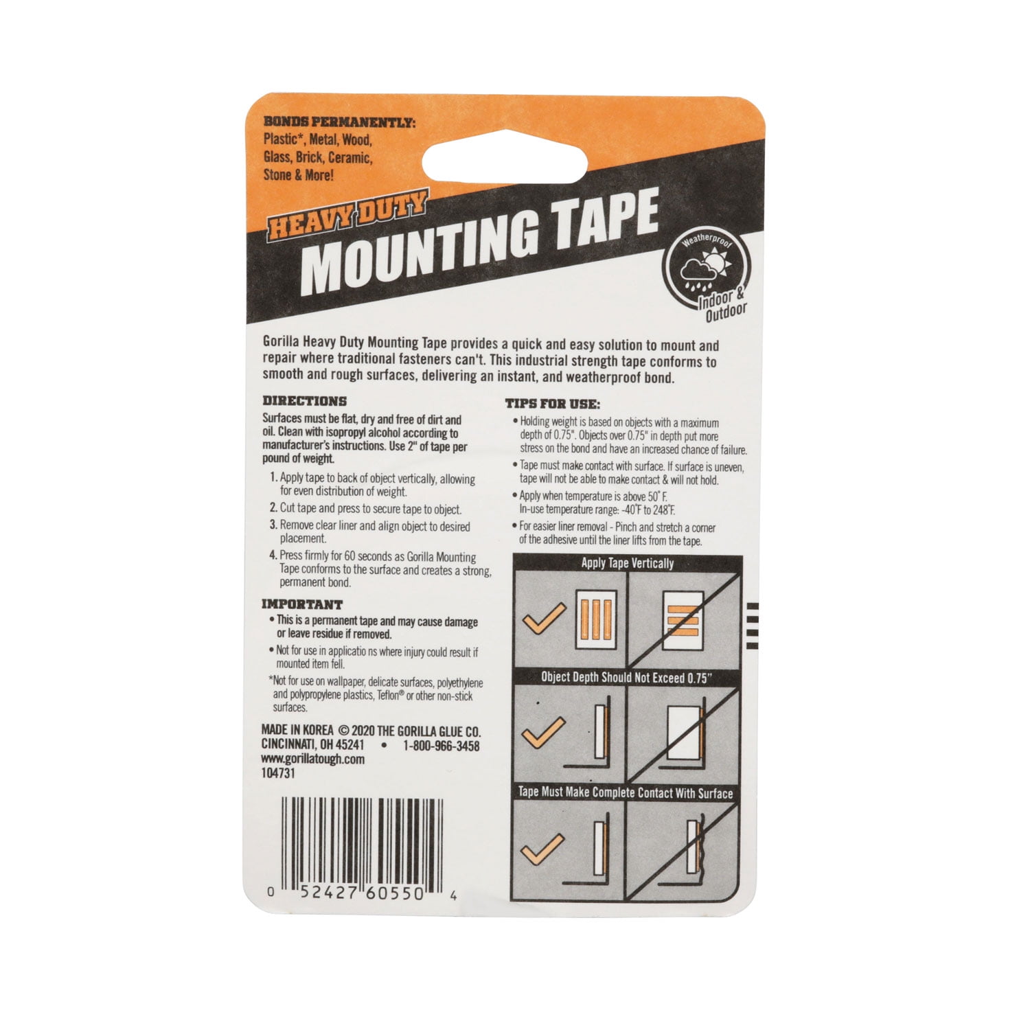 Heavy Duty Mounting Tape, Permanent, Holds Up to 30 lbs, 1" x 60", Black | Bundle of 2 Rolls