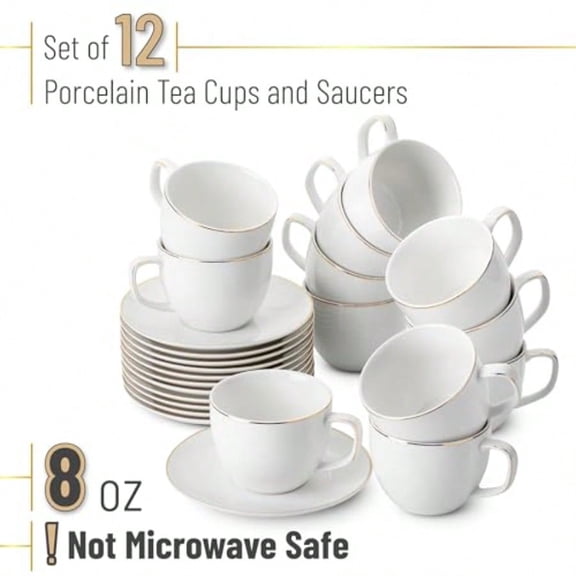 BTaT- Tea Cups and Saucers with Gold Trim Set of 12 8oz White Porcelain Tea Cups