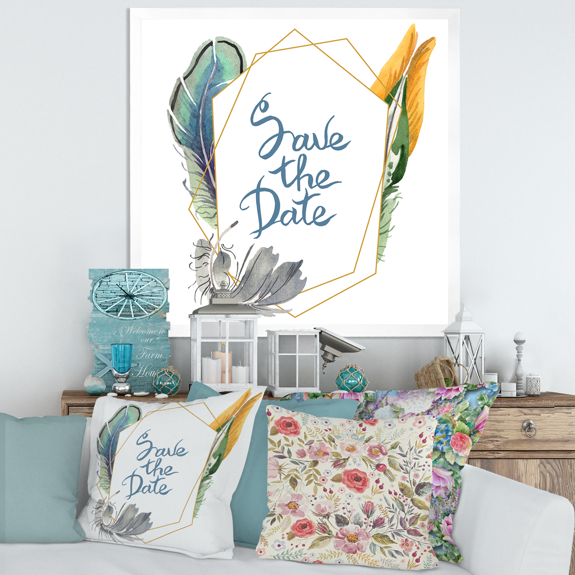 Designart 'Save The Date Bird Blue Feather' Bohemian & Eclectic Framed Art Print