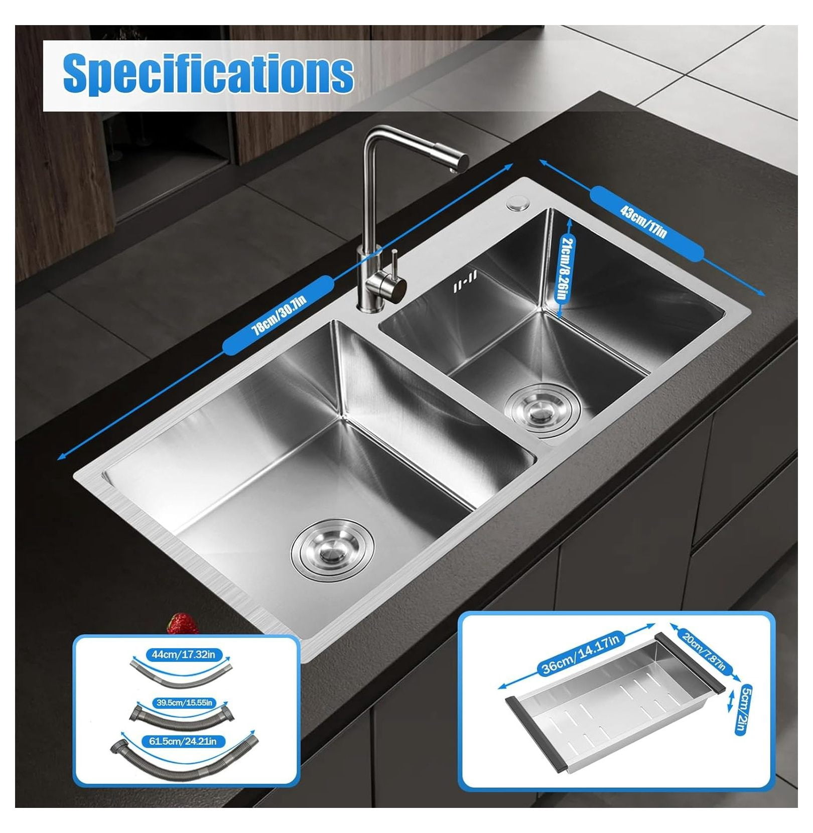 Drop-in Kitchen Sink, 30x17 Inch Stainless Steel Double Bowl Sink with Drain; Black Finish for Kitchen, Garage, Laundry, Bar & Bathroom